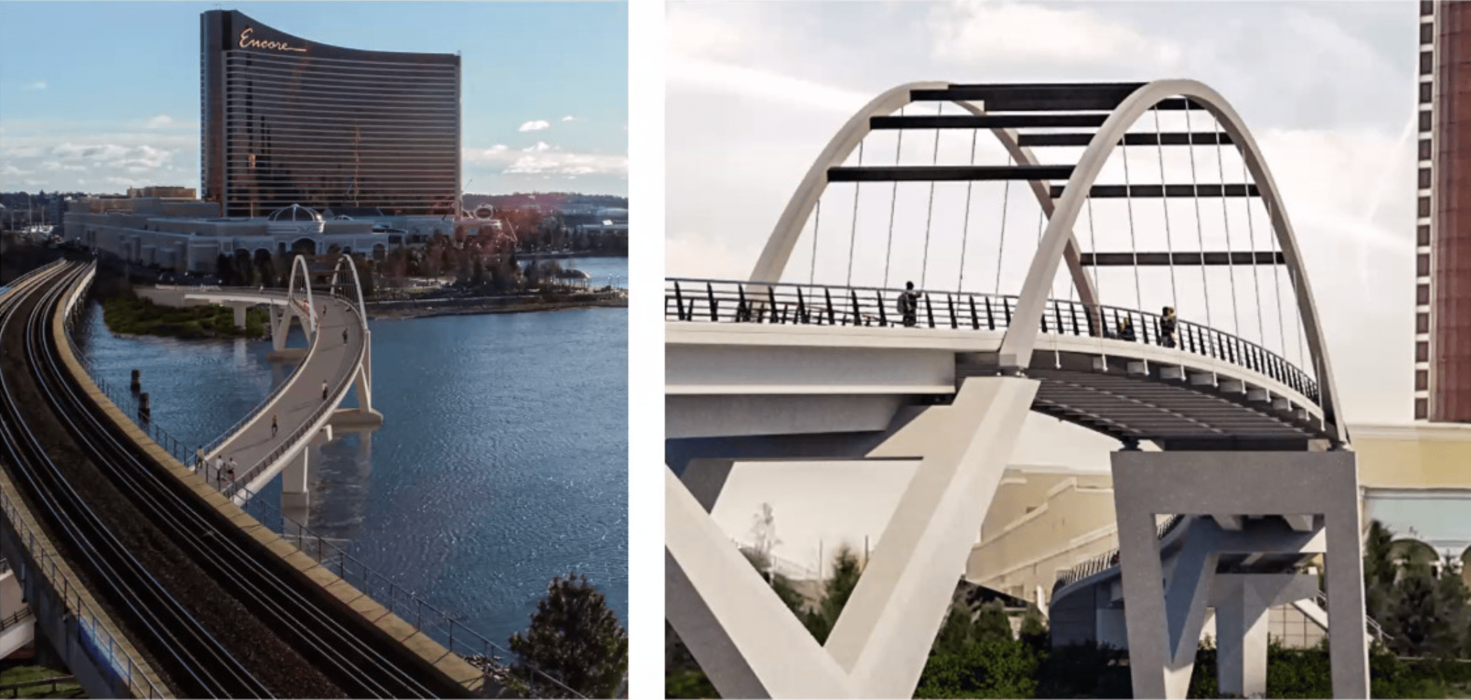 A side by side architect's rendering shows a bridge crossing a river. The illustration of the new bridge, on the left, shows two curved bridges in front of a glassy high-rise building. The second rendering, on the right, shows a close-up of the arched bridge.